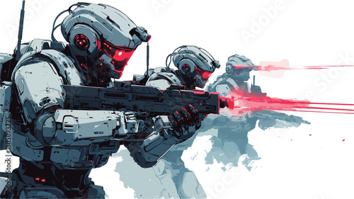 A digital illustration depicting three futuristic soldiers in combat.  The soldiers are humanoid robots or cyborgs wearing white and grey armor with helmets.  They are armed with weapons