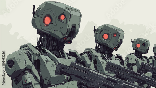 Digital illustration depicting a line of stylized robots, possibly soldiers, in uniform formation.  The robots are predominantly grey and green, with boxy heads featuring prominent red