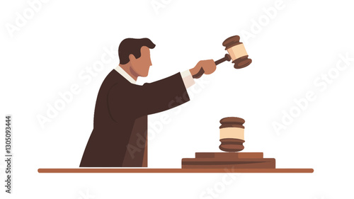 A digital illustration depicting a stylized figure of a judge in a brown robe, striking a gavel. The illustration is in a flat, vector style with minimal detail and a limited color palette