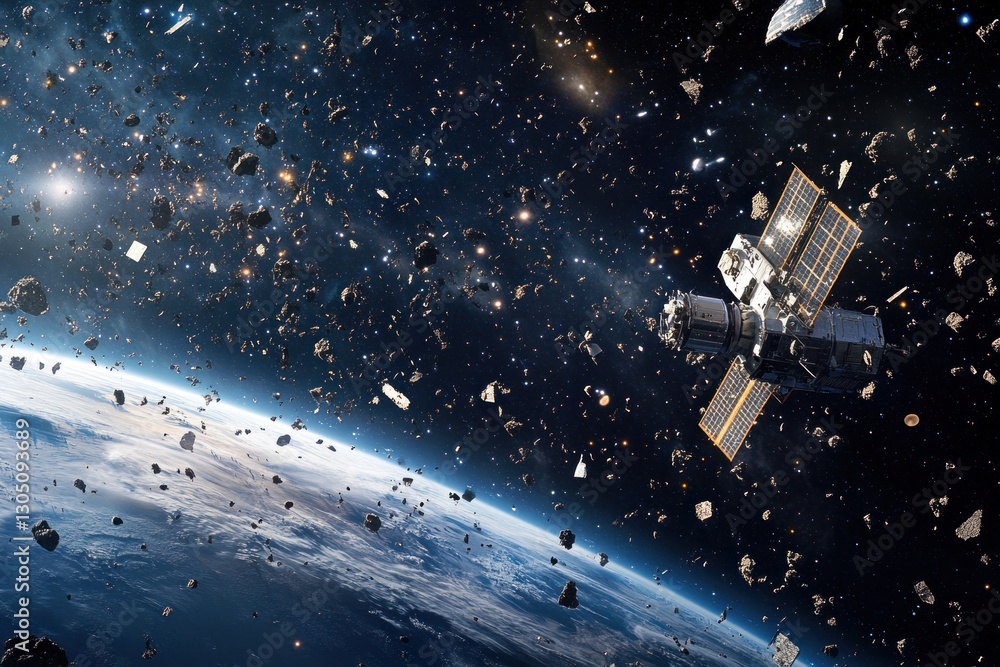 Satellite orbiting Earth amidst space debris. Satellite orbiting Earth amidst space debris.