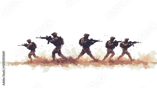 The image depicts a digital painting or illustration of five silhouetted soldiers in formation, walking across a brown and beige landscape. The soldiers are carrying rifles and wearing