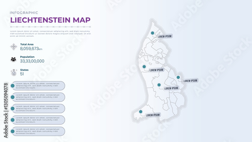 Total Area, Papulation, States & More Detailed Infographic Map of Liechtenstein. Liechtenstein country map infographic colored vector template with regions and pointer marks.