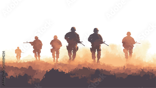 The image depicts a watercolor-style illustration of seven silhouetted soldiers marching across a dusty landscape towards a bright, warm-toned sunrise or sunset. The soldiers are depicted