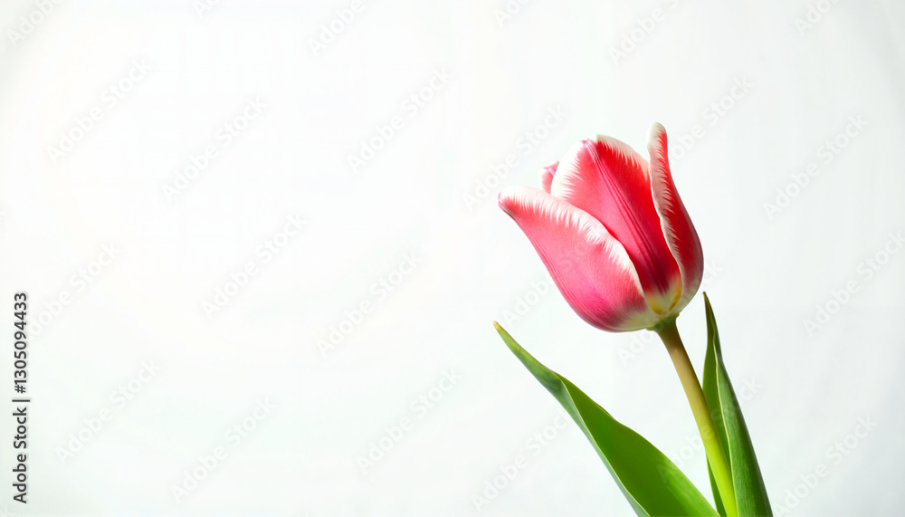 Single pink tulip flower with white accents on a plain white background Single pink tulip flower with white accents on a plain white background