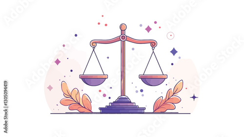 A digital illustration depicting a stylized scales of justice. The scales are rendered in a pastel color palette, primarily purples and oranges.  The design is flat, with minimal shading