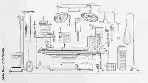 A detailed line drawing illustration depicting a comprehensive layout of an operating room. The illustration shows various medical instruments, equipment, and furniture, including an