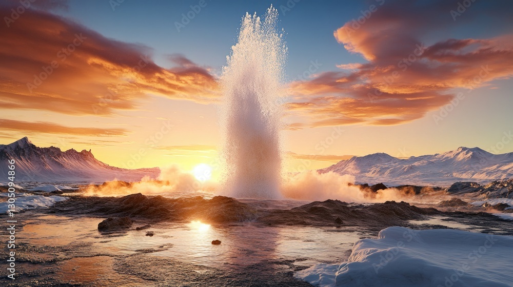 Fototapeta premium A spectacular geyser explosion in Iceland, with hot water reaching the sky against a backdrop of snow-covered mountains.