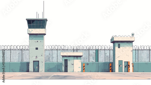 The image depicts an exterior view of a prison complex.  The main focus is on a section of a high, teal-colored wall or fence, which extends across most of the image's width.  Two