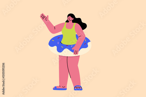 Young woman in a swimsuit with a donut-shaped pool float, waving and enjoying summer. Flat vector illustration, ideal for vacation, beach, travel, and leisure-themed designs, ads, and digital projects