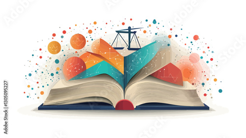 The image is a digital illustration depicting an open book with its pages forming abstract, colorful, three-dimensional shapes.  Above the open book are additional abstract shapes in a