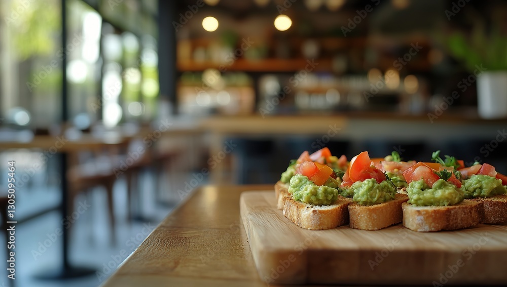 A wooden platter with several small bruschetta topped with tomato and avocado A wooden platter with several small bruschetta topped with tomato and avocado