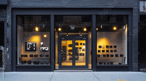 Modern Photography Store Front with Display of Cameras and Artwork