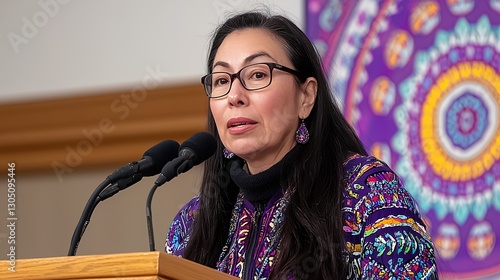 Woman Delivering a Speech at Podium with Colorful Background