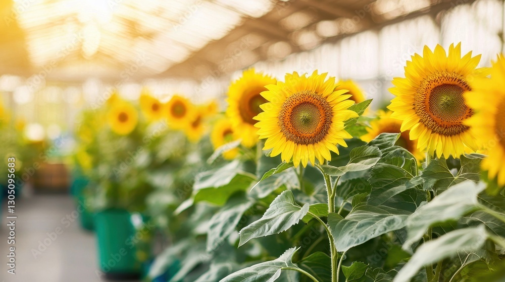 Obraz premium Bright sunflowers bloom in a greenhouse, showcasing vibrant yellow petals and lush green leaves, illuminated by warm sunlight.
