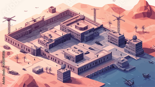 Digital illustration depicting a low-poly isometric view of a large compound situated in a desert environment. The compound consists of multiple interconnected buildings with flat roofs and