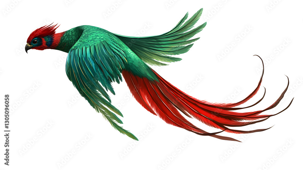 Fototapeta premium Quetzal with iridescent green and red feathers, sacred bird of the rainforest