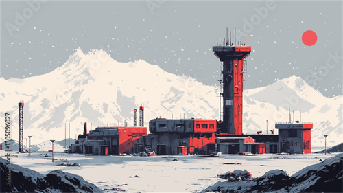 Digital illustration depicting a futuristic research station situated in a remote arctic landscape.  The scene features a predominantly flat design style with geometric shapes and minimal