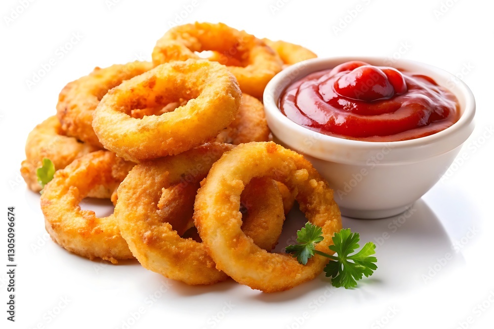 Crispy Onion Rings with Ketchup on White Background Crispy Onion Rings with Ketchup on White Background