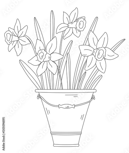 Spring Coloring Page For Adults And Kids With Daffodils In A Bucket