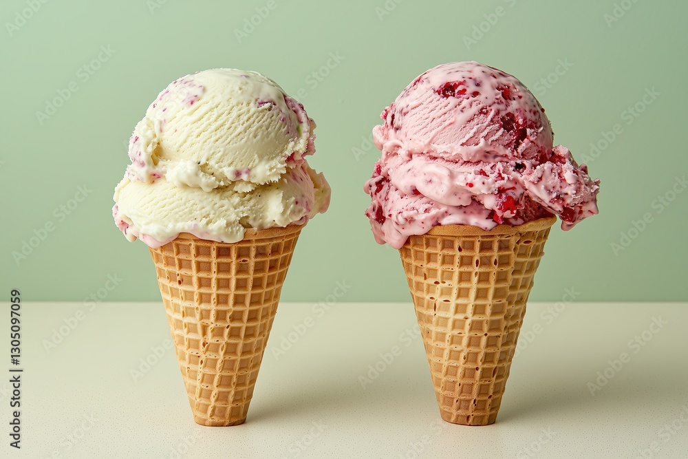 Two Ice Cream Cones with Different Flavors, Vanilla and Raspberry Ripple, Summer Treats
Two Ice Cream Cones with Different Flavors, Vanilla and Raspberry Ripple, Summer Treats