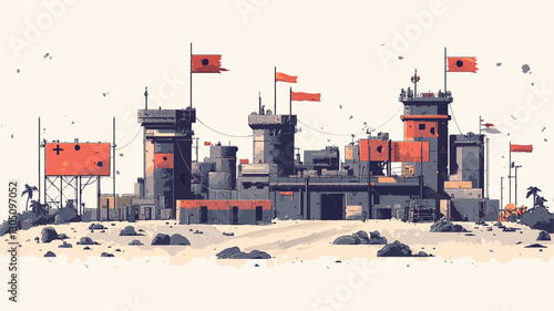 A stylized illustration of a medieval fortress. The image features a flat, cartoonish style with bold colors.  The fortress is depicted with multiple towers, walls, and red flags atop the
