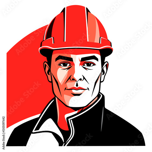 Confident construction worker wearing a hard hat with a serious expression against a bold background