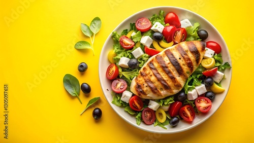 Grilled chicken with Greek salad on a yellow background