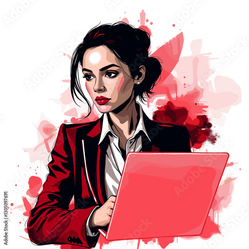 Determined businesswoman holding a laptop with a focused expression against a creative red background