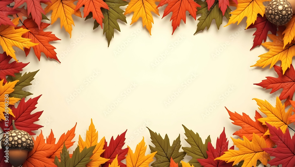 Autumn leaves and acorns border frame with natural copy space for Thanksgiving concept as Colorful autumn leaves and acorns framing natural space for Thanksgiving messages in Photo Stock Concept an Autumn leaves and acorns border frame with natural copy space for Thanksgiving concept as Colorful autumn leaves and acorns framing natural space for Thanksgiving messages in Photo Stock Concept an