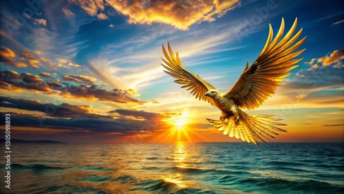 Golden bird of prey soaring above ocean waves at sunset, majestic wings spread wide, bathed in the golden light