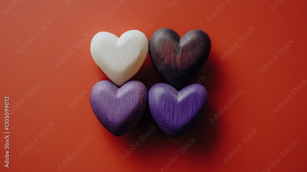 Fototapeta premium Four Wooden Hearts on Red Background