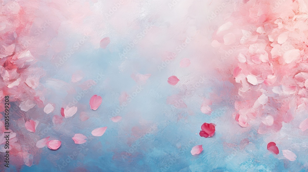 Whimsical cherry blossom background with petals floating weightlessly in a soft pastel sky Whimsical cherry blossom background with petals floating weightlessly in a soft pastel sky