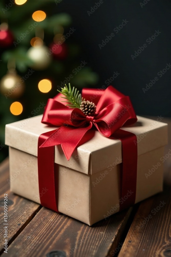 A Beautifully Wrapped Gift Box with a Red Ribbon and Pine Sprig Sits on a Rustic Wooden Table, Near a Decorated Christmas Tree A Beautifully Wrapped Gift Box with a Red Ribbon and Pine Sprig Sits on a Rustic Wooden Table, Near a Decorated Christmas Tree
