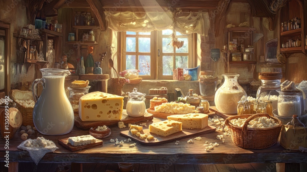 Obraz premium Farmhouse Dairy Display Sunny Interior