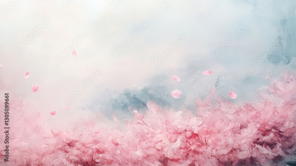 Fototapeta premium Surreal cherry blossom background with translucent pink petals merging into a misty sky