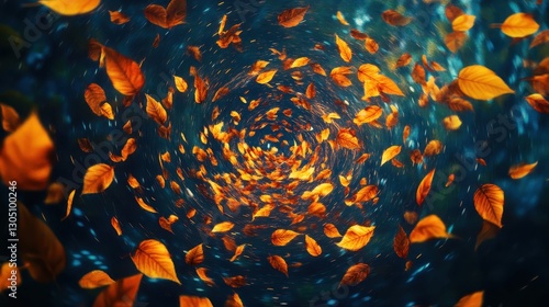 Surreal autumn leaves backdrop with floating golden leaves forming a vortex against a deep indigo sky