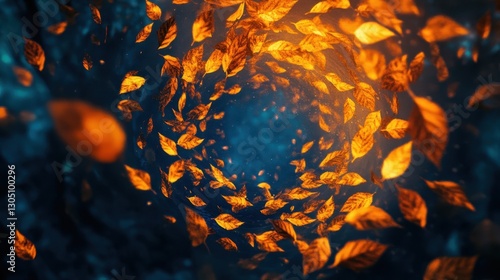 Floating golden autumn leaves form a mesmerizing vortex against a moody deep indigo backdrop