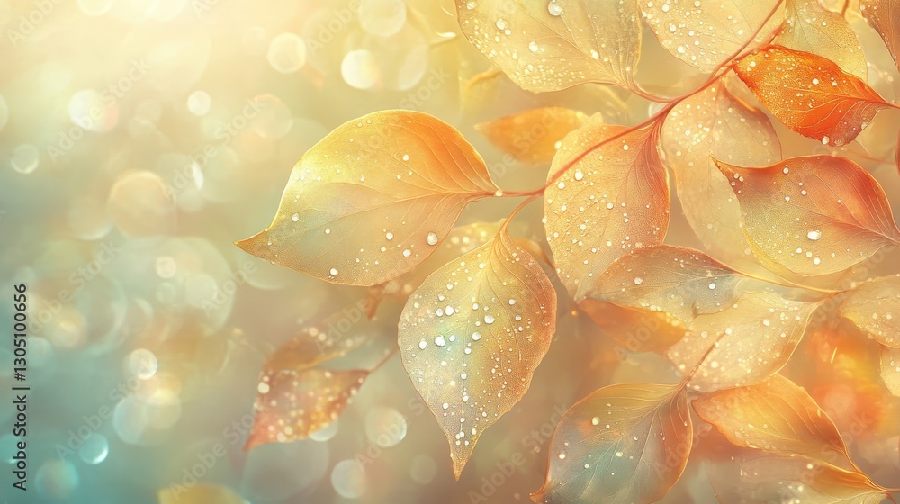 Fototapeta premium Morning dew shimmering on leaves in golden light set in a hazy glowing mist