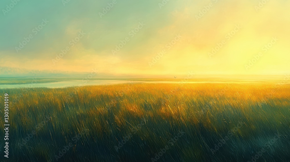 Shimmering grass covered in morning dew blending into a dreamy pastel-washed sky in this luminous wallpaper Shimmering grass covered in morning dew blending into a dreamy pastel-washed sky in this luminous wallpaper