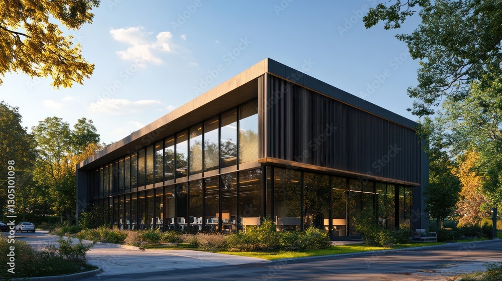 Modern office building in park setting, sunny day, possible use for commercial Modern office building in park setting, sunny day, possible use for commercial