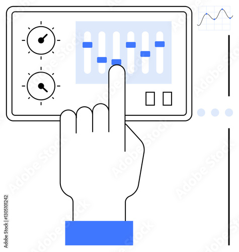 Hand interacting with control panel featuring sliders, knobs, and minimal graph. Ideal for technology, settings, interface design, data control, audio mixing, user interaction flat simple metaphor