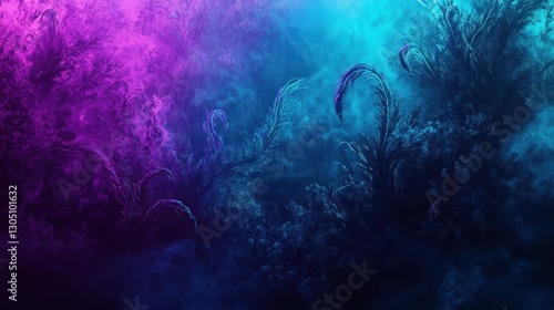 Abstract neon cyberpunk jungle with glowing plant tendrils twisting through a vivid ultraviolet haze