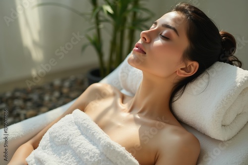 A Woman Laying in a White Towel With Her Eyes Closed - Generative AI