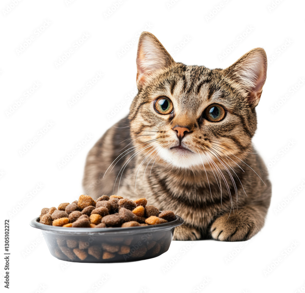 Cute cat eating dry food at home isolated on transparent background png