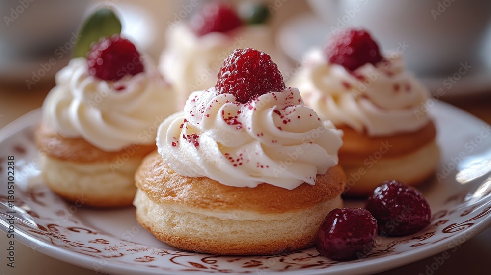 Raspberry Cream Cakes on Plate, Cafe Table Setting Raspberry Cream Cakes on Plate, Cafe Table Setting