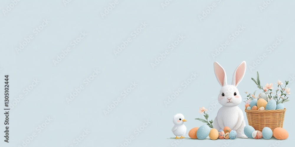 Fototapeta premium Easter Delight: A charming scene featuring a fluffy bunny and a cute chick amidst a pastel palette of Easter eggs, flowers, and a wicker basket, evoking the festive spirit of the season.