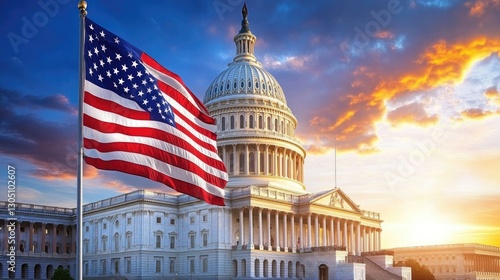 The American flag flying high on a pole in front of the U.S. Capitol at sunset.