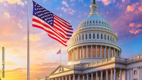 The American flag flying high on a pole in front of the U.S. Capitol at sunset.
