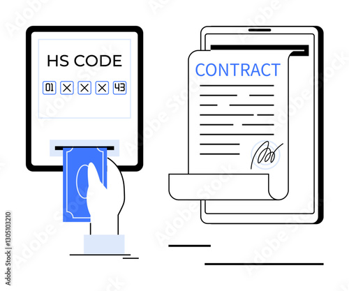 Hand inserting cash into HS Code selector, digital device displaying signed contract. Ideal for trade, e-commerce, legality, transaction, finance, technology global business. Flat simple metaphor