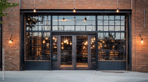 Industrial Chic Brick Building Exterior with Large Windows and Doors